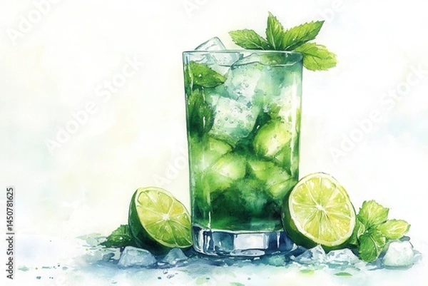 Obraz Refreshing mojito cocktail with lime and mint served in a tall glass on a bright background perfect for summer enjoyment