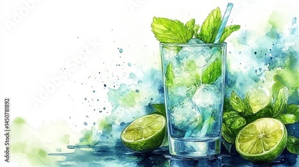 Obraz Bright and colorful mojito glass illustration with fresh ingredients on a clean background for vibrant designs
