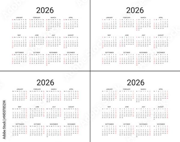 Fototapeta 2026 Yearly Calendar Template 4 Variants Sunday and Monday Start, Clean Minimal Design suitable for printing, planning, scheduling, or digital use. Vector illustration