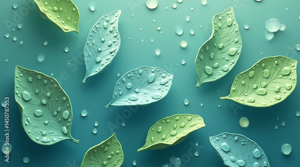 Obraz Pastel leaves with water droplets on a teal background. Minimalist, refreshing, and modern style illustration.