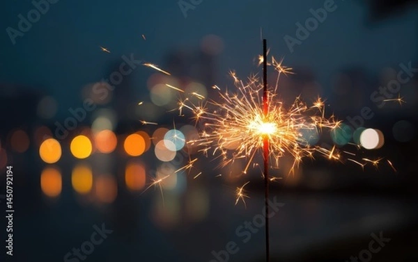 Fototapeta Sparklers burst against city lights at dusk.  A single sparkler flares brightly, sending sparks into the night sky.  Blurred city lights create a bokeh effect in the background