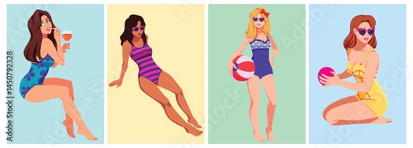 Fototapeta A Set of Girls in Swimsuits. Summer Beach Activities concept 
