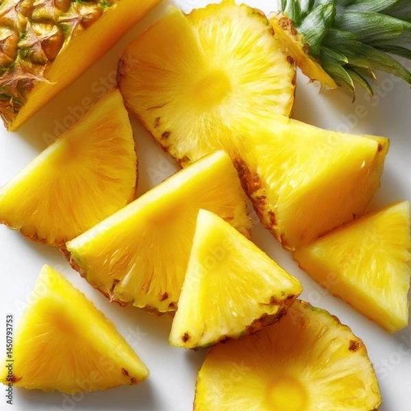 Fototapeta Pineapple slices arranged on surface isolated on white background