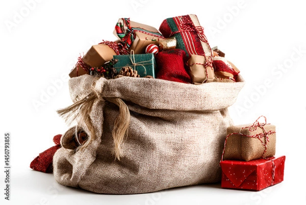 Obraz Santas full burlap sack with gifts spilling out onto a white background