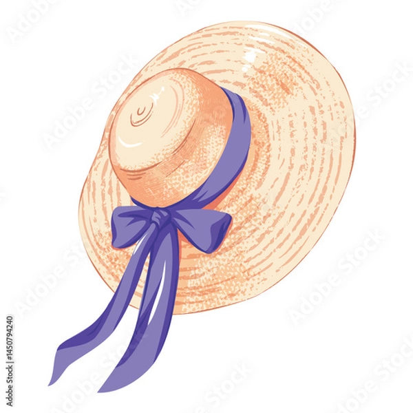 Fototapeta Straw Summer Hat with Ribbon. Fashionable Beach Accessory Vector