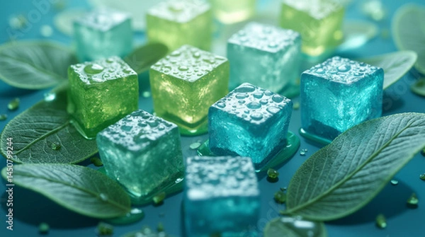 Obraz Illustration of tea leaves and ice cubes in shades of green and blue, reminiscent of a refreshing beverage.