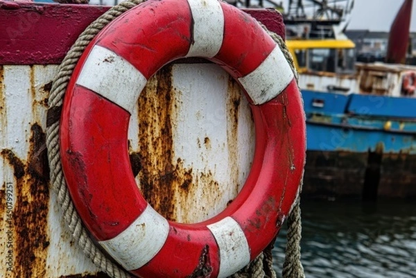 Fototapeta Weathered life ring on rusty boat with rope nautical safety equipment maritime theme and ocean backdrop offering a sense of security and vintage charm in a coastal setting