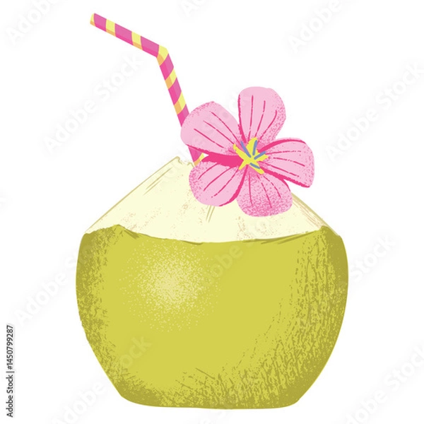 Fototapeta Coconut Drink with Straw. Tropical Summer Beverage Vector
