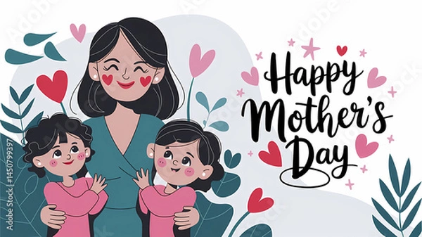 Fototapeta Happy mothers day greeting card template, abstract background with mom and children, graphic design illustration wallpaper 