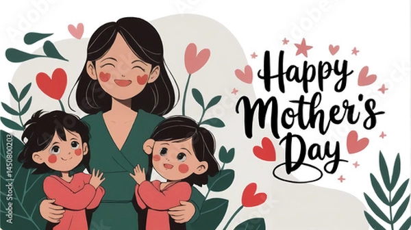 Fototapeta Happy mothers day greeting card template, abstract background with mother and child, graphic design illustration wallpaper 