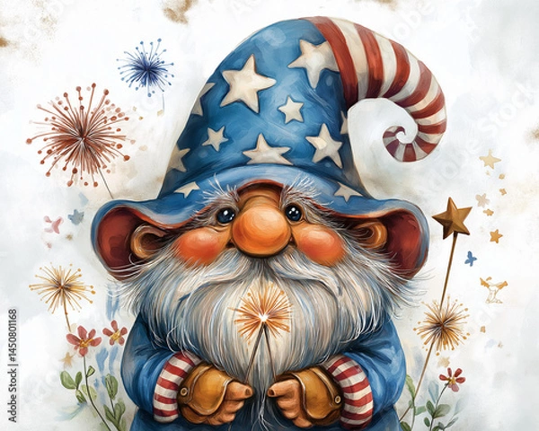 Fototapeta Whimsical watercolor illustration featuring a cheerful gnome, He is wearing a large, floppy hat adorned with stars and stripes, reminiscent of the American flag. 