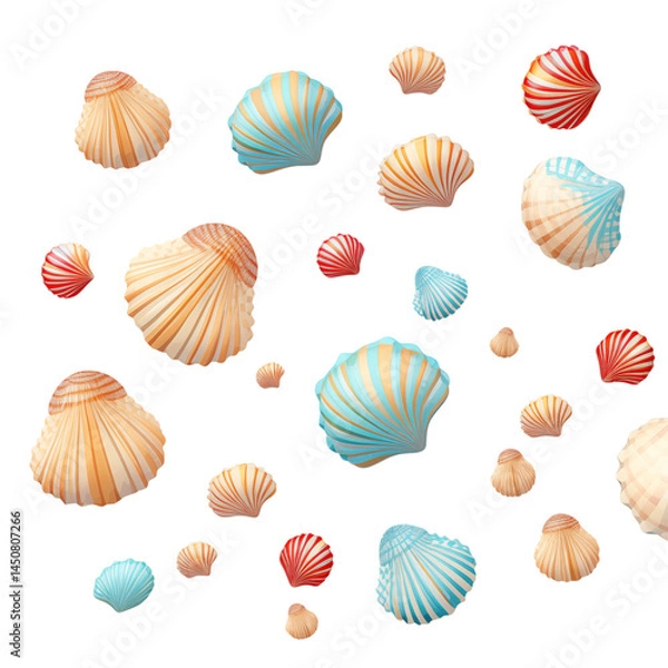 Fototapeta A scattering of colorful seashells in various sizes and orientations on a pattern design transparent background png