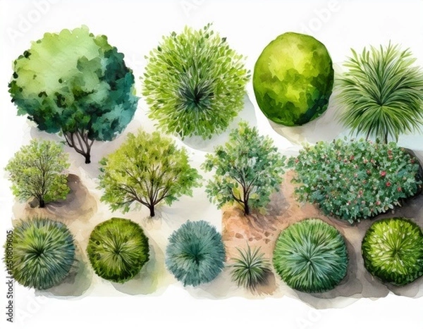 Fototapeta various green trees bushes and shrubs top view for landscape design plan watercolor illustration isolated on white background