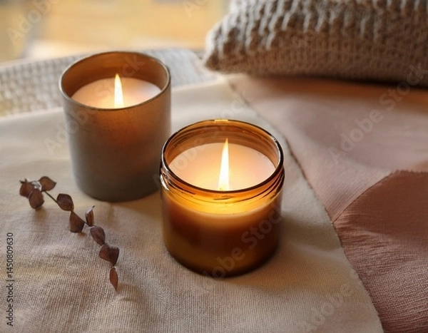 Fototapeta two lit candles soft light warm colors home decor relaxation