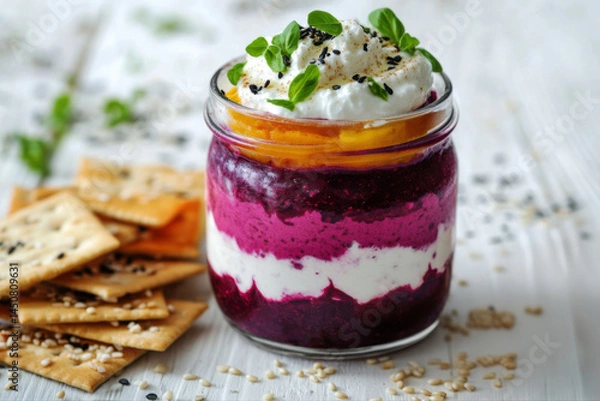 Fototapeta  Layered beetroot hummus jar with crackers on white table. Healthy vegetarian appetizer for festive gatherings.  