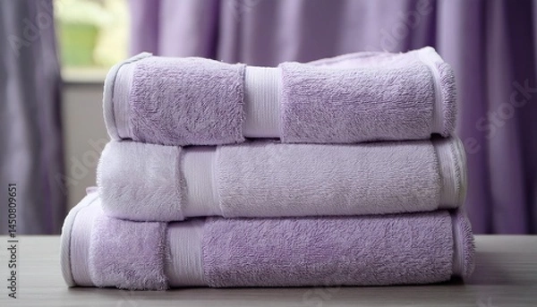 Obraz stack of soft plush towels in a light lavender hue neatly arranged for a spa like ambiance catalog photo of a stack of towels