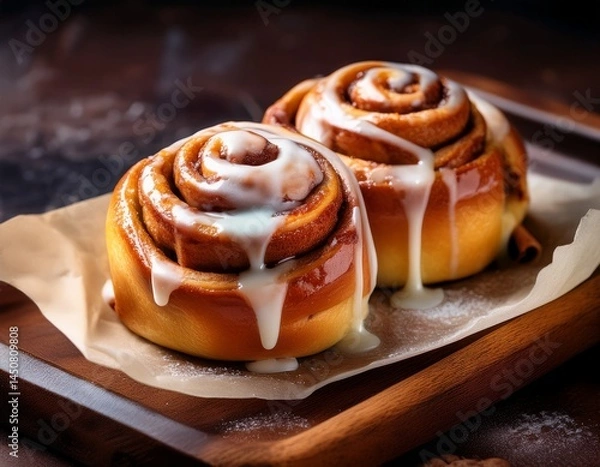 Fototapeta sweet fluffy cinnamon rolls topped with a thick sugary glaze