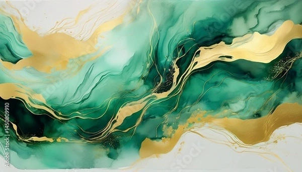 Fototapeta watercolor square rectangle background with brushstrokes and splashes green gold marble