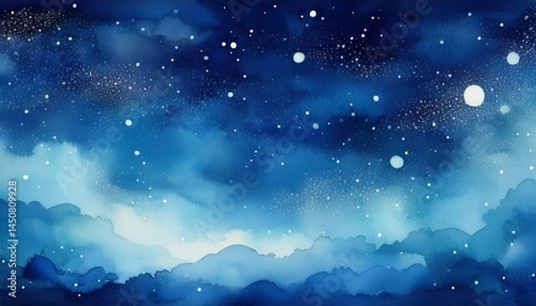 Fototapeta watercolor deep blue background with subtle watercolor washes and small bright accents resembling the glow of stars on a frosty night