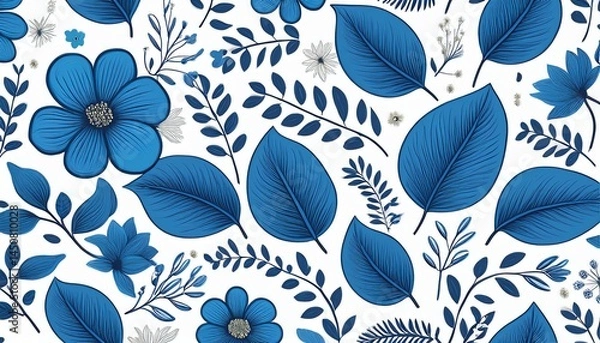 Fototapeta seamless pattern with blue floral pattern featuring hand drawn flowers and leaves on a white background elegant botanical design for fabric or wallpaper