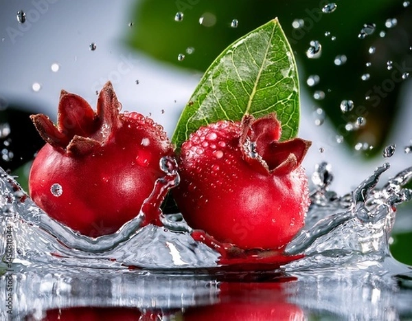 Fototapeta vibrant red guarana berries splash water macro shot of healthy fresh fruit ingredient drops leaves create dynamic composition representing freshness ideal food drink wellness projects
