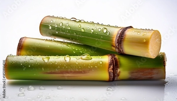 Fototapeta water droplets adorn fresh sugarcane stalks against a clean white background in bright lighting water drops sugarcane on white background