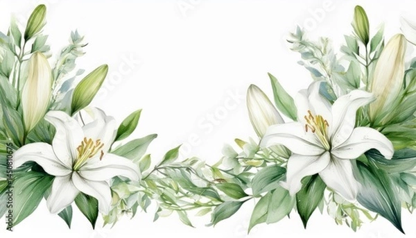 Fototapeta watercolor border of white lilies and greenery perfect for wedding invitations or floral designs