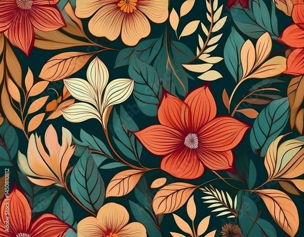 Fototapeta beautiful flowers and leaves seamless pattern for background