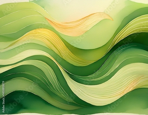 Fototapeta warm green watercolor texture on paper a minimalist series of wavy lines
