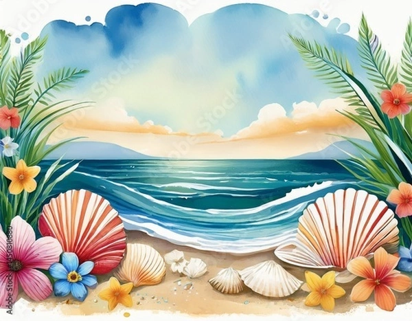 Fototapeta watercolor painting of a seascape with seashells and flowers perfect for summer or beach themed projects