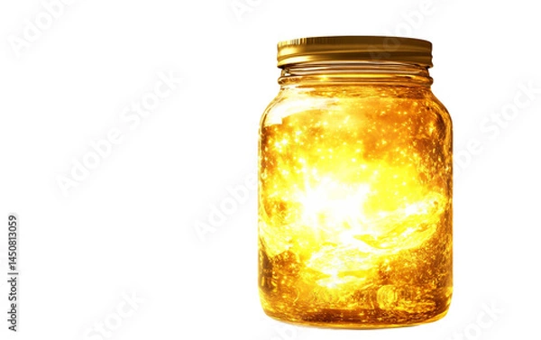 Obraz Glass jar filled with sunlight, symbolically capturing the essence of warmth and natural energy in a delicate container isolated on white background PNG