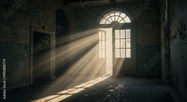 Obraz Sunlight Rays in Abandoned Room with Arched Window