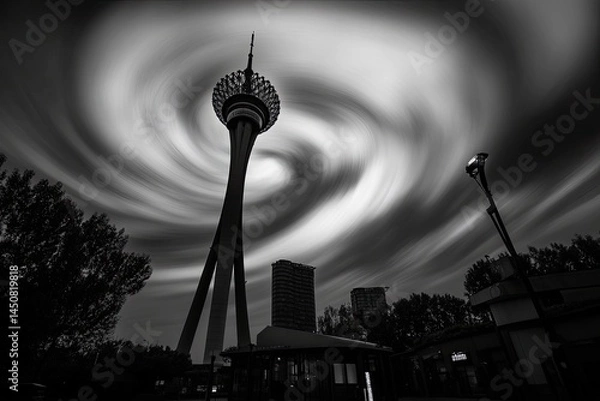 Fototapeta Tower against swirling clouds