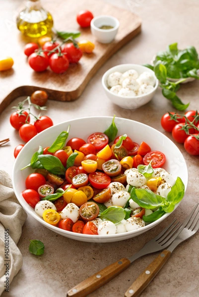 Fototapeta Salad with fresh cherry tomatoes, mozzarella and basil leaves
