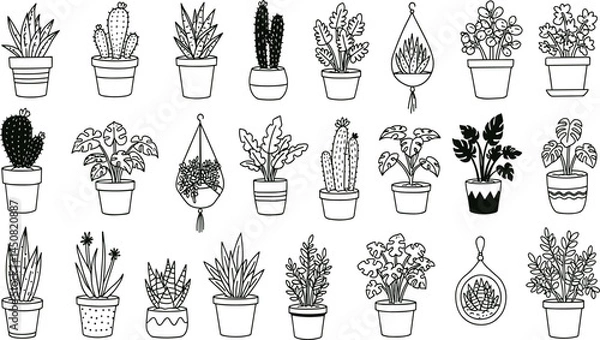 Fototapeta Houseplants line icon set. Vector pictograms of indoor plants, succulents, monstera, cactus in pot, bonsai, aloe vera, orchid, philodendron, peace 