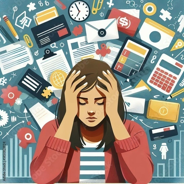 Fototapeta Young woman feeling stressed from excessive workload, surrounded by icons representing tasks, deadlines, and financial concerns