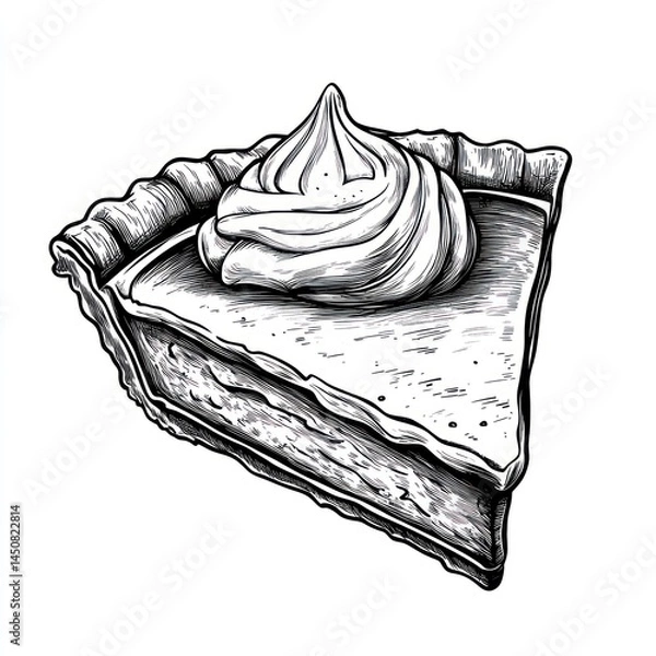 Fototapeta A slice of pumpkin pie with whipped cream topping, illustrated in black and white.