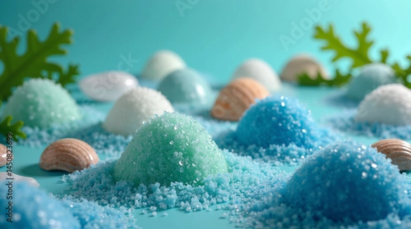 Obraz Pastel Illustration of bath salt, seashells, and seaweed in a dreamy composition. Soft blues, greens, and whites evoke relaxation.
