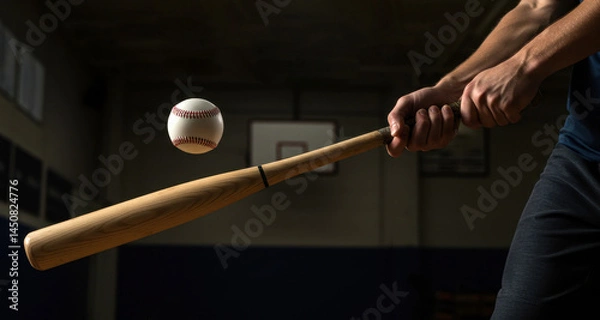 Obraz Man swinging a baseball bat about to hit a baseball in a sports hall. Action shot capturing the power and precision of a batting motion for sports media.