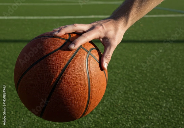 Obraz Man hand firmly gripping a basketball over a green court, illustrating readiness and anticipation in the game of basketball for sport concept and athletic action.