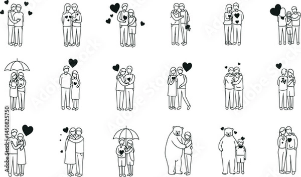 Fototapeta Hugs, line icon set. Vector pictograms of family, couple embraces, pet affection, symbolic support, comforting