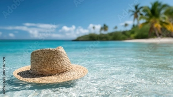 Obraz This picturesque image illustrates a stylish straw hat gently floating on crystal clear water, surrounded by palm trees, creating a serene and tropical atmosphere.