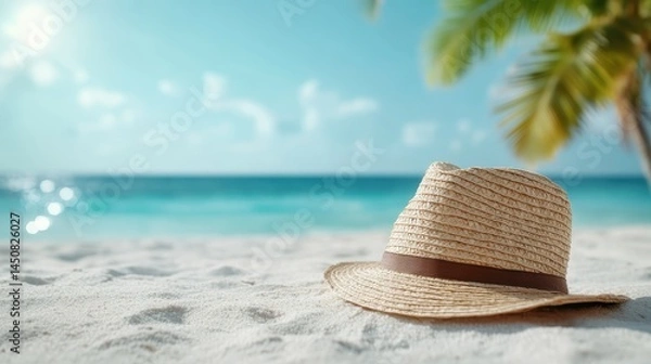 Fototapeta Displaying a chic straw hat resting on soft white sand, this image conveys a sense of calm and relaxation, invoking memories of warm days spent on sun-kissed beaches.