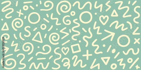 Fototapeta Playful hand-drawn beige doodles and geometric shapes on a muted green background, ideal for creative, retro, and decorative designs. Vector illustration