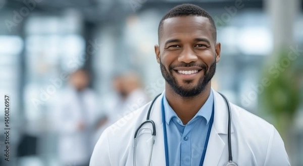 Obraz Portrait of African American male doctor practitioner intern modern healthcare center worker smiling warmly while standing in a hospital lobby with coworkers in the background on a bright sunny day