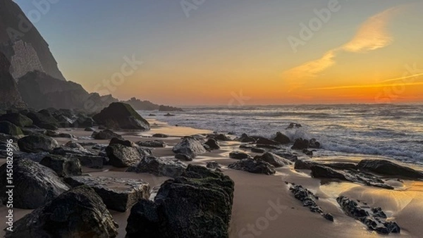 Fototapeta Twilight whispers over mossy stones, invoking Lughnasadh serenity, coastal reverie, and echoing tales of the tides embrace