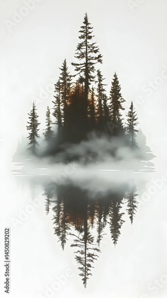 Fototapeta Misty forest reflected in still water, dark silhouettes of trees, tranquil scene