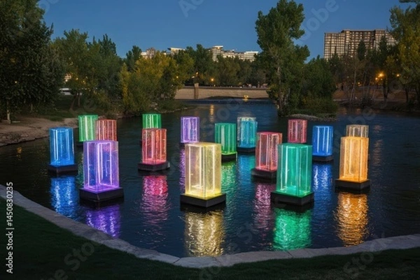 Fototapeta Illuminated floating cubes in a river at dusk
