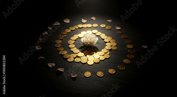 Obraz gold coins and rose on black background