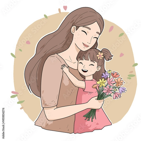 Fototapeta A heartwarming handmade illustration of a joyful Mother’s Day moment, featuring a loving mother and her smiling daughter sharing a warm embrace. The little girl, holding a colorful bouquet of flowers